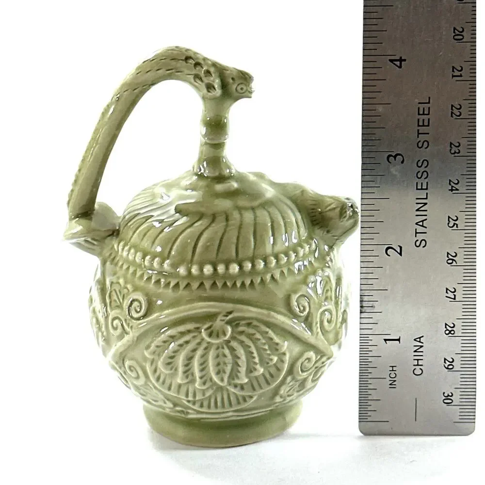 Vintage Chinese Celadon Bottom Filling Teapot Foo Dog Lotus Puzzle Pot 4”